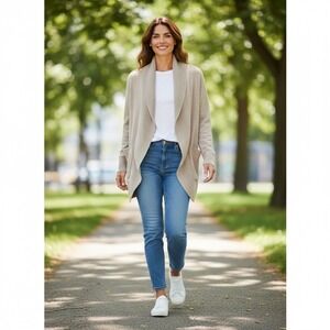 Cynthia Rowley Womens 100% Cashmere Open Front Collar‎ Cardigan Taupe Size M